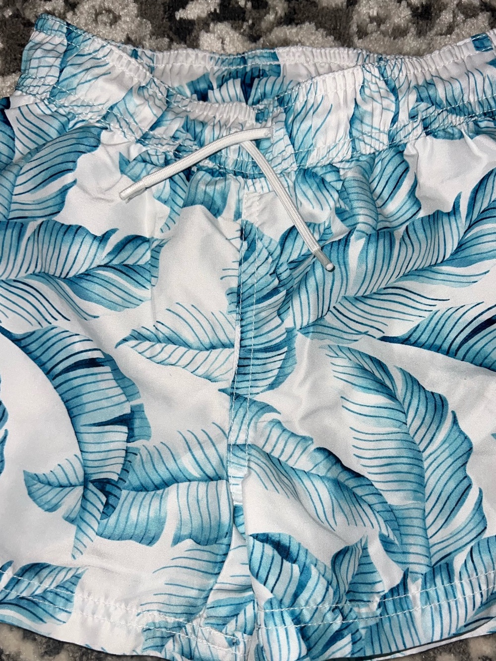 Janie & Jack boys 4 White Teal & blue Swim Trunks with Tropical Leaf Print